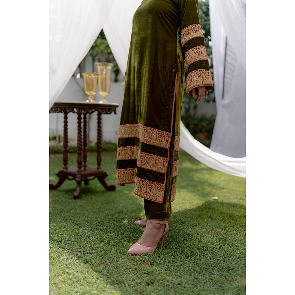 Daljit Sudan Olive Green Velvet Stripes Tilla Suit (Set of 3)