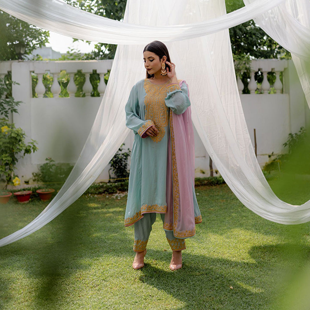 Daljit Sudan Pastel Blue Tilla Phiran Suit (Set of 3)