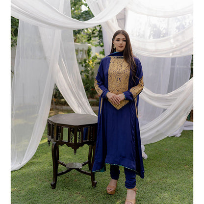 Daljit Sudan Navy Blue Long York Tilla Kurta (Set of 3)