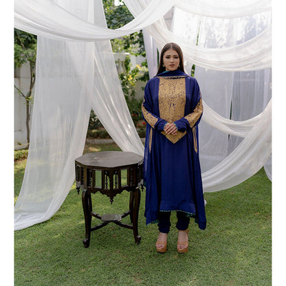 Daljit Sudan Navy Blue Long York Tilla Kurta (Set of 3)