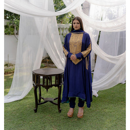 Daljit Sudan Navy Blue Long York Tilla Kurta (Set of 3)