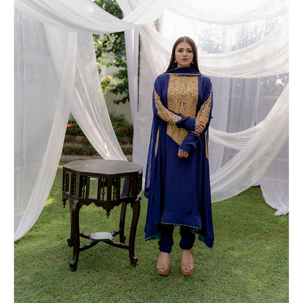 Daljit Sudan Navy Blue Long York Tilla Kurta (Set of 3)