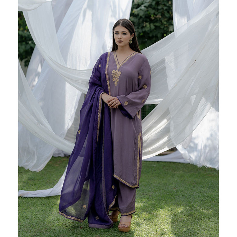 Daljit Sudan Purple Aari Tilla Suit (Set of 3)
