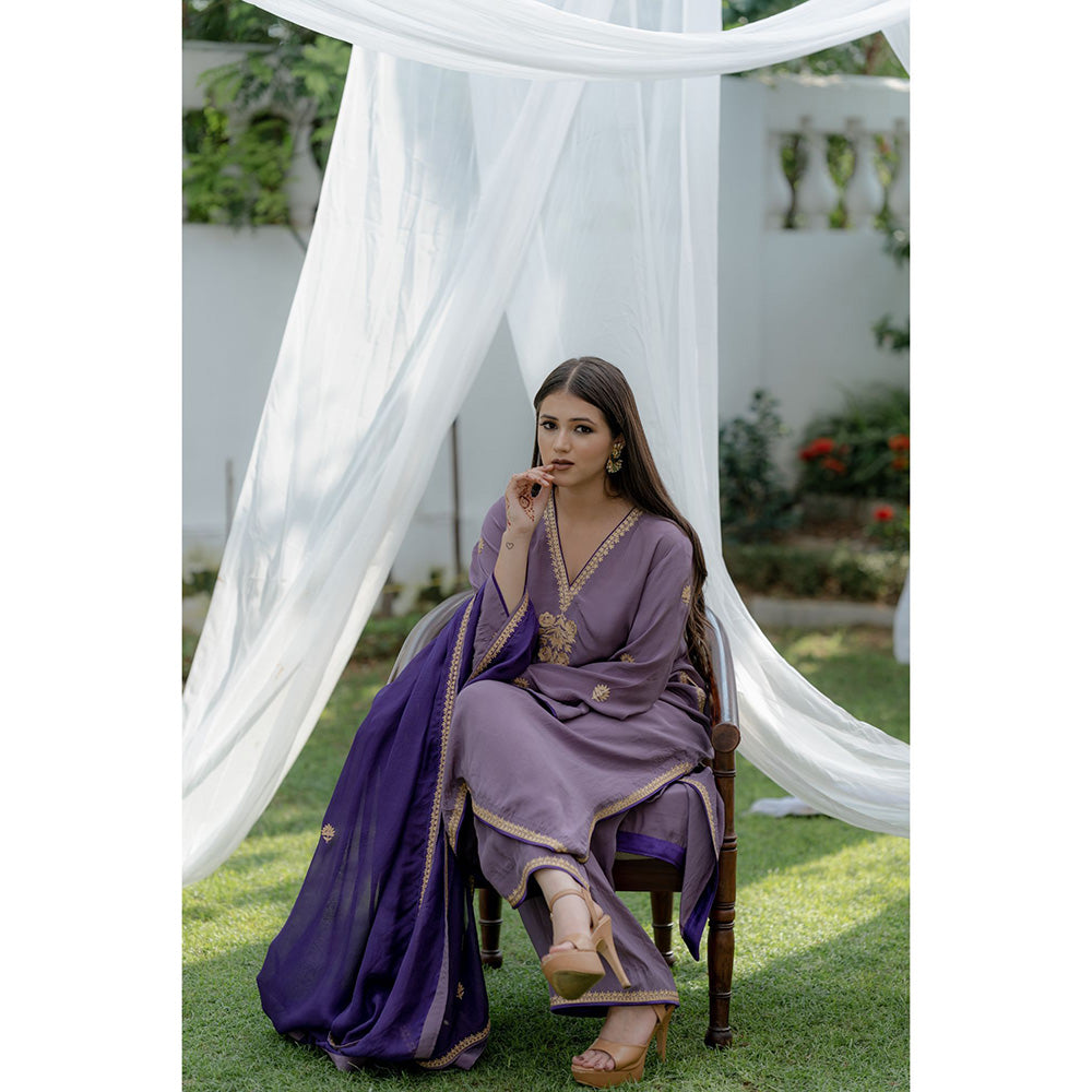 Daljit Sudan Purple Aari Tilla Suit (Set of 3)