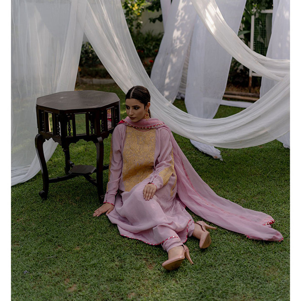 Daljit Sudan Pink Long York Tilla Suit (Set of 3)