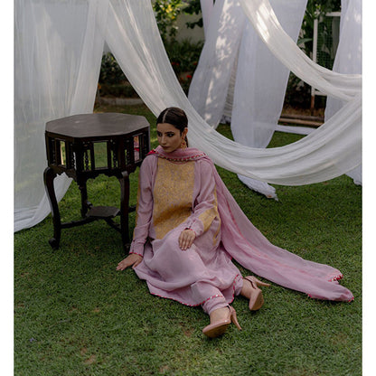 Daljit Sudan Pink Long York Tilla Suit (Set of 3)