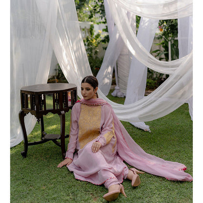 Daljit Sudan Pink Long York Tilla Suit (Set of 3)