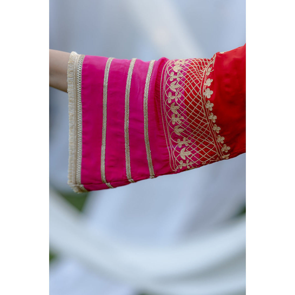 Daljit Sudan Red Magenta Crepe Aari Suit (Set of 3)