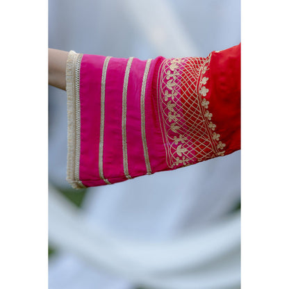 Daljit Sudan Red Magenta Crepe Aari Suit (Set of 3)