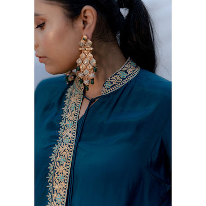 Daljit Sudan Peacock Blue Zari Theard Kurta (Set of 2)