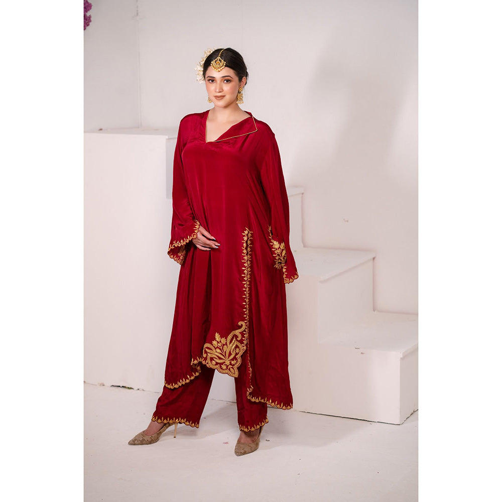Daljit Sudan Cherry Red Crepe Tilla Kurta (Set of 2)