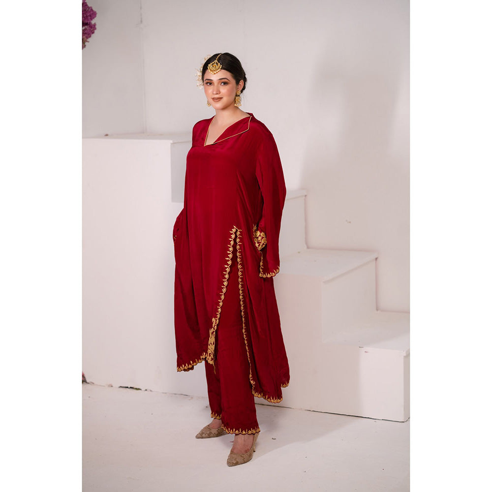 Daljit Sudan Cherry Red Crepe Tilla Kurta (Set of 2)