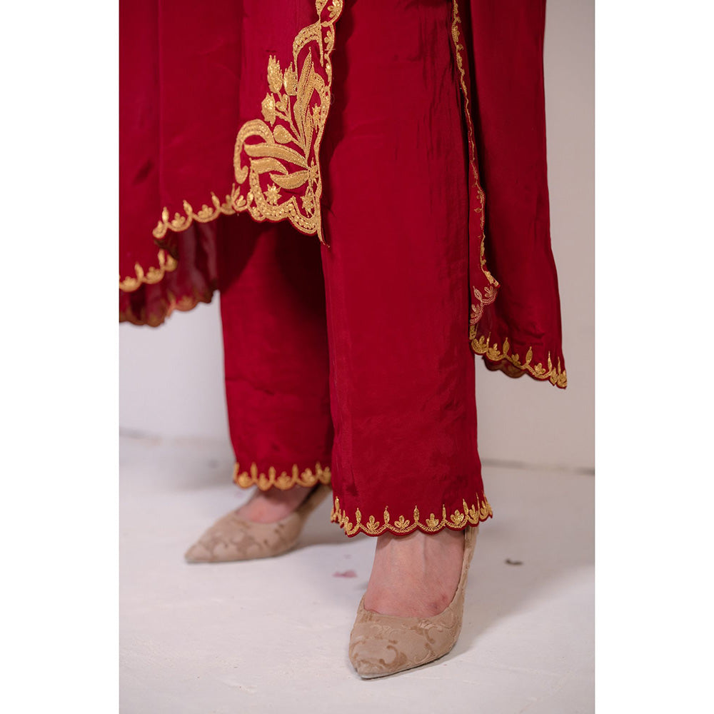 Daljit Sudan Cherry Red Crepe Tilla Kurta (Set of 2)