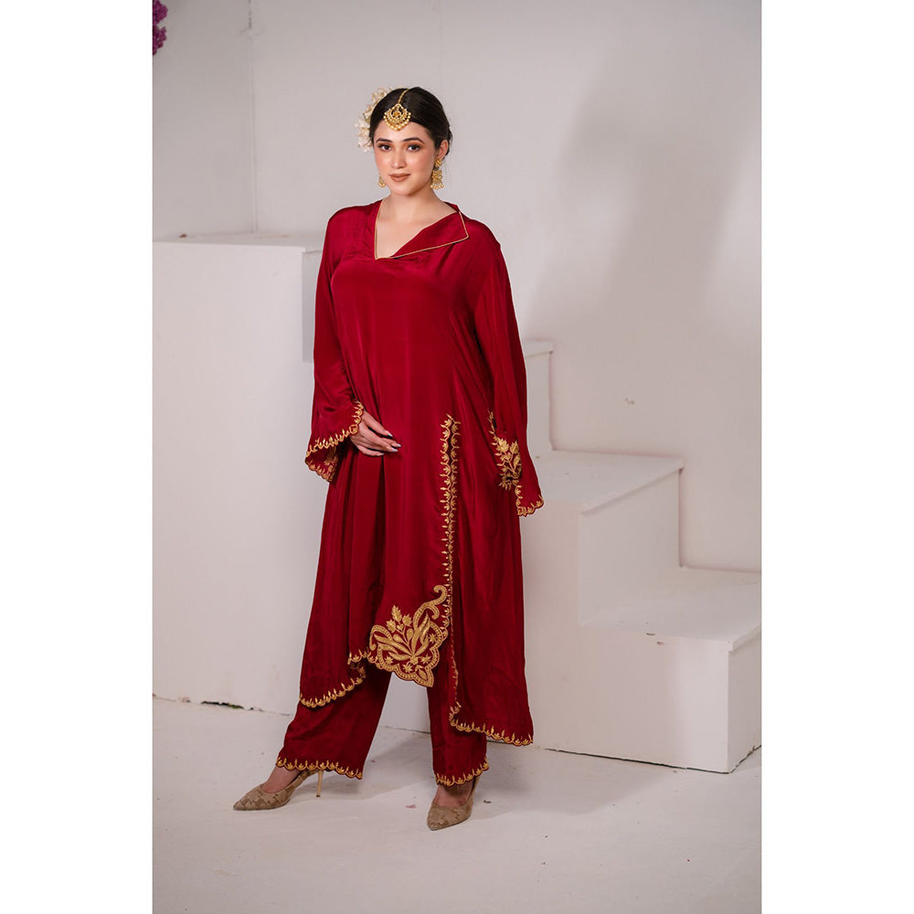 Daljit Sudan Cherry Red Crepe Tilla Kurta (Set of 2)