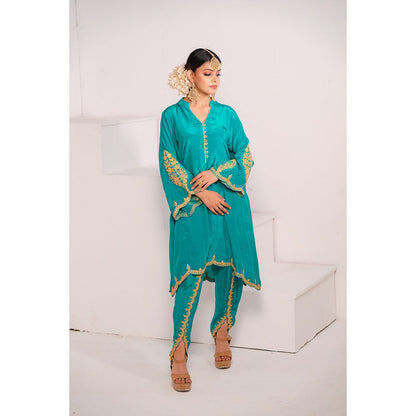 Daljit Sudan Teal Crepe Tilla Kurta (Set of 2)