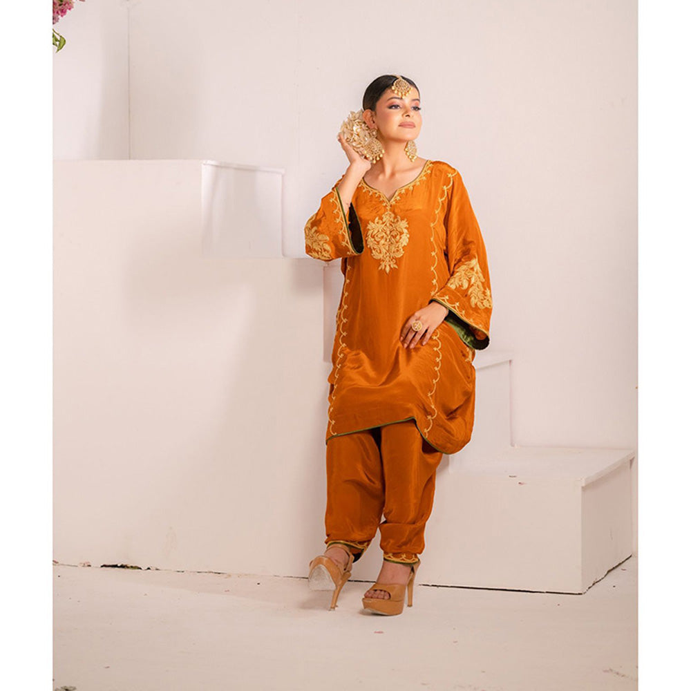 Daljit Sudan Rust Orange Crepe Tilla Kurta (Set of 2)