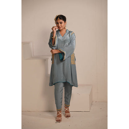 Daljit Sudan Blue Grey Crepe Tilla Kurta (Set of 2)
