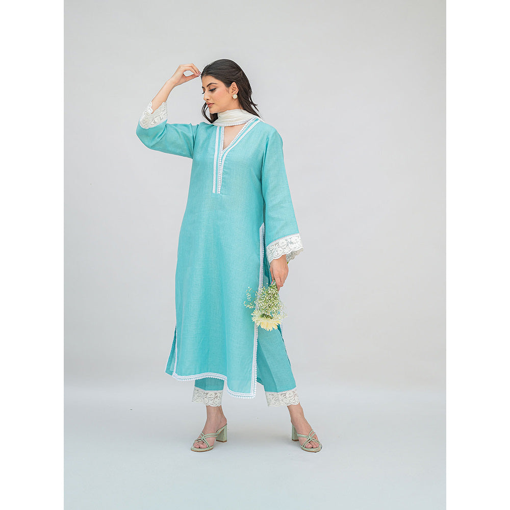 Daljit Sudan Aqua Blue Linen Kurta with Pant and Dupatta (Set of 3)