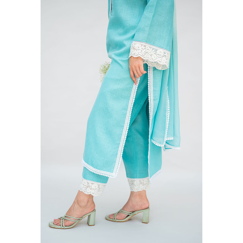 Daljit Sudan Aqua Blue Linen Kurta with Pant and Dupatta (Set of 3)