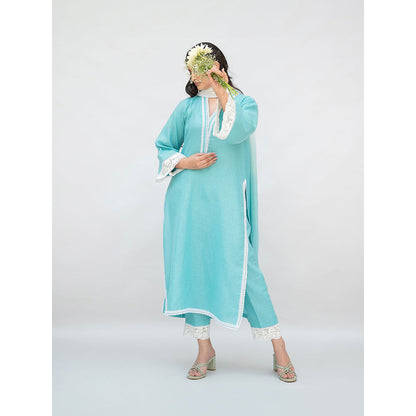 Daljit Sudan Aqua Blue Linen Kurta with Pant and Dupatta (Set of 3)