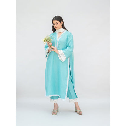 Daljit Sudan Aqua Blue Linen Kurta with Pant and Dupatta (Set of 3)
