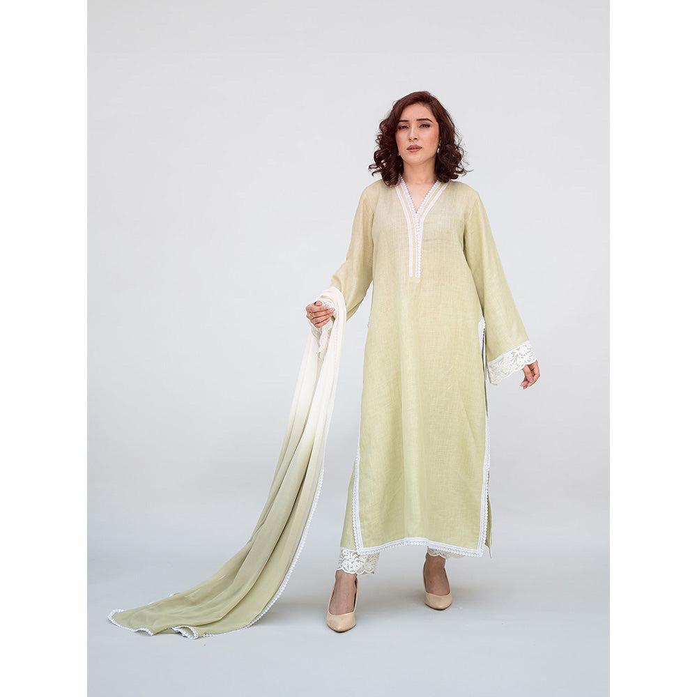 Daljit Sudan Sage Green Linen Kurta with Pant and Dupatta (Set of 3)
