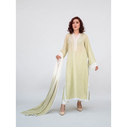 Daljit Sudan Sage Green Linen Kurta with Pant and Dupatta (Set of 3)