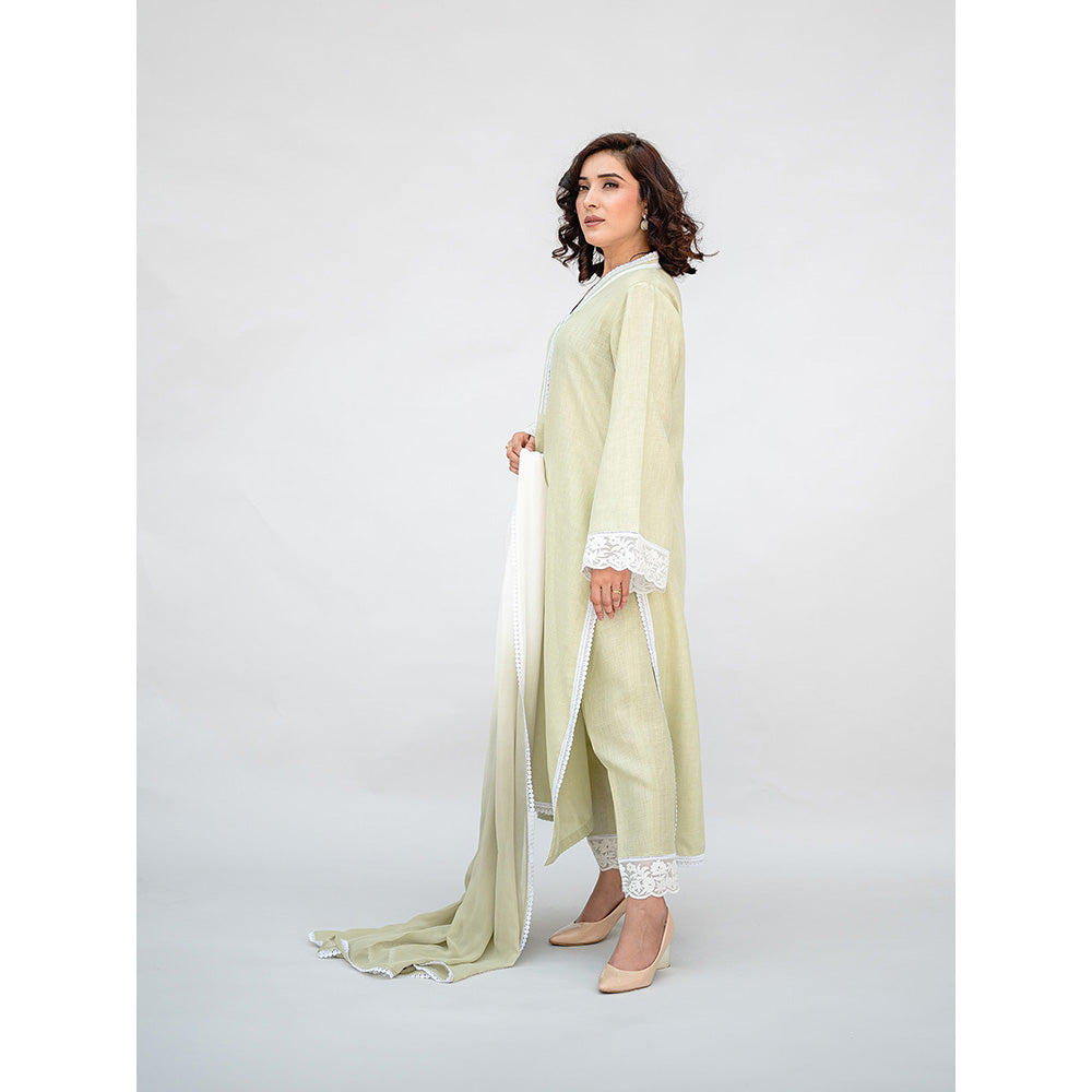 Daljit Sudan Sage Green Linen Kurta with Pant and Dupatta (Set of 3)