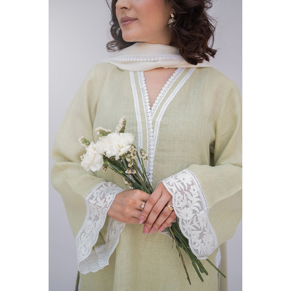 Daljit Sudan Sage Green Linen Kurta with Pant and Dupatta (Set of 3)