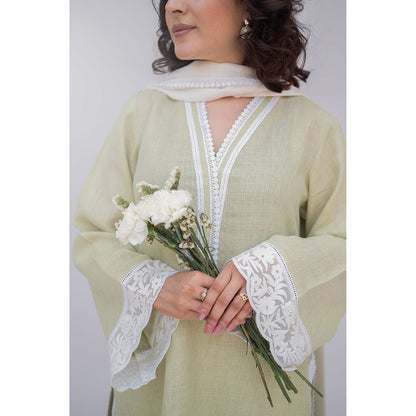 Daljit Sudan Sage Green Linen Kurta with Pant and Dupatta (Set of 3)