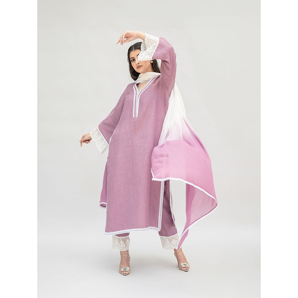 Daljit Sudan Lavender Linen Kurta with Pant and Dupatta (Set of 3)