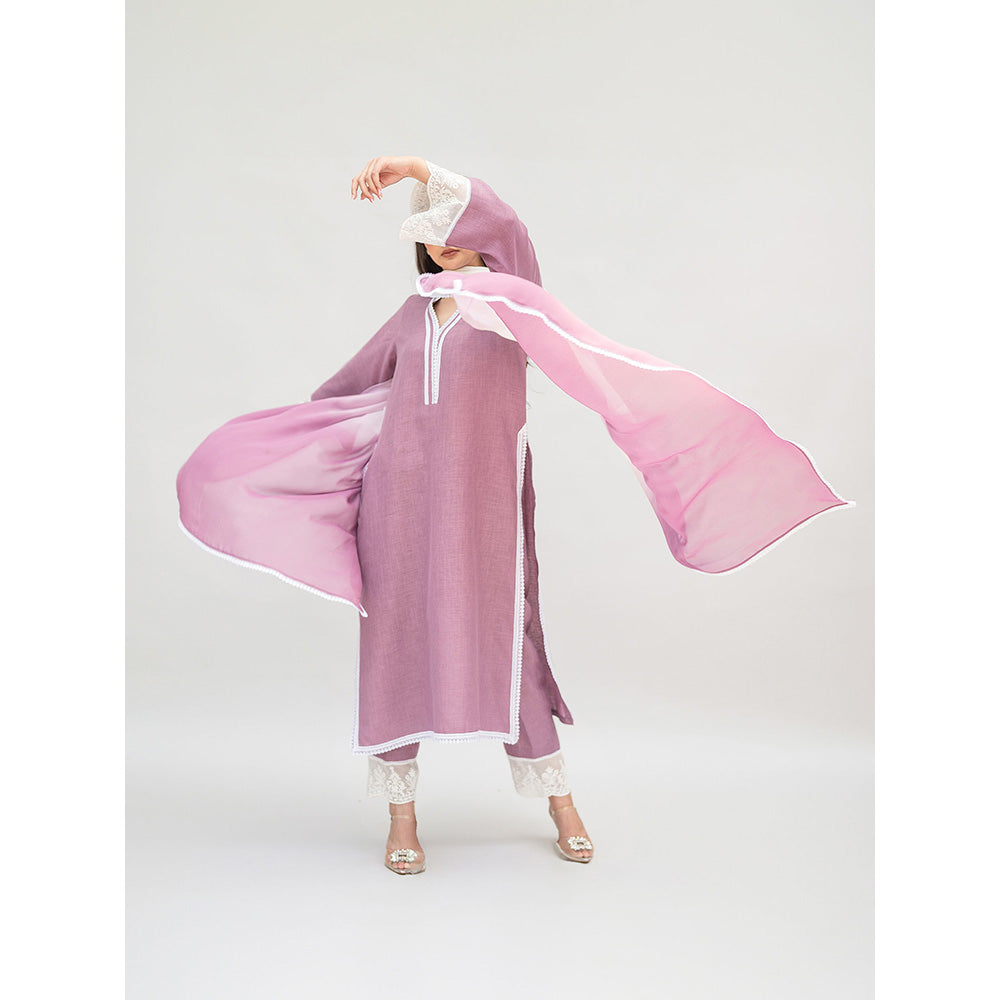 Daljit Sudan Lavender Linen Kurta with Pant and Dupatta (Set of 3)