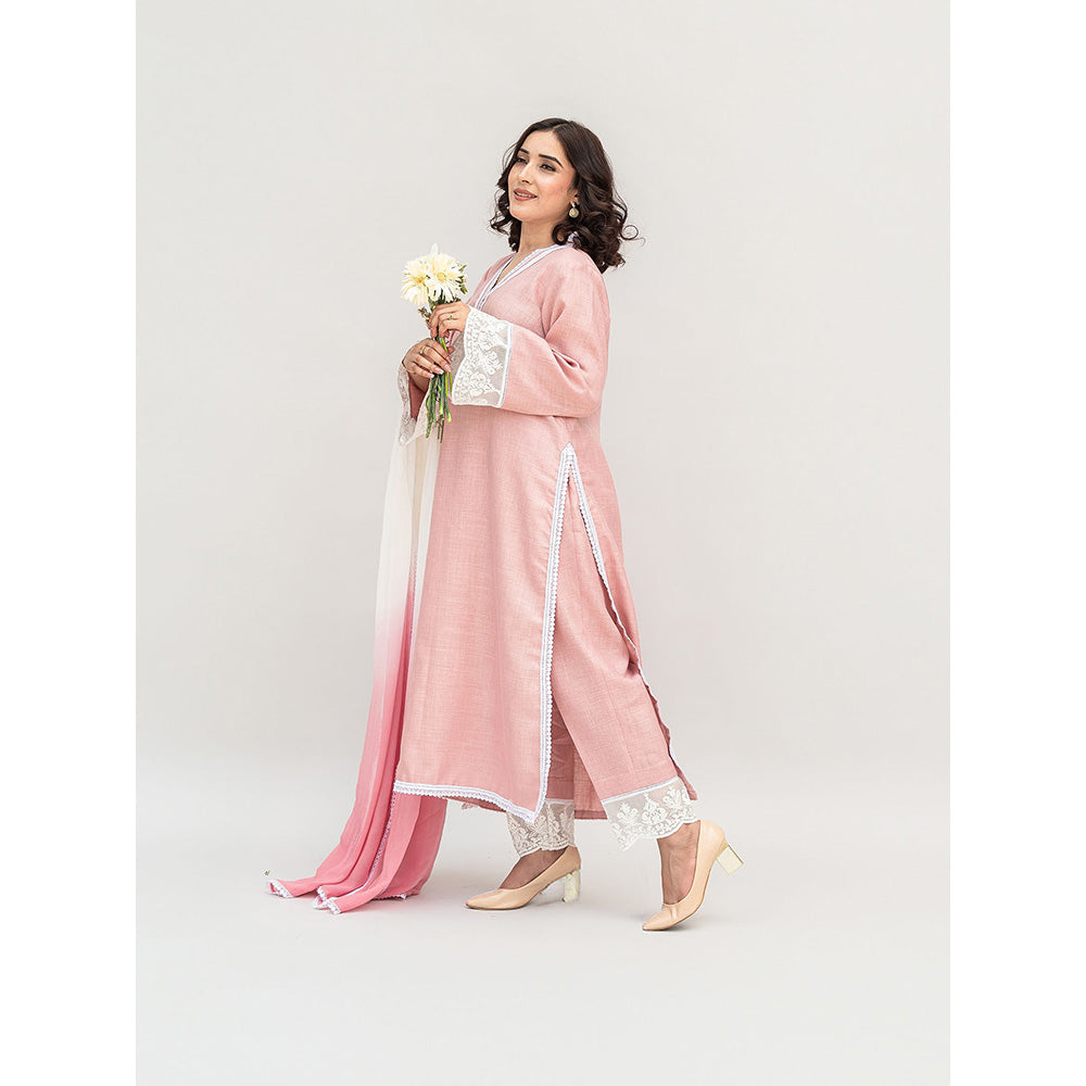 Daljit Sudan Pink Linen Kurta with Pant and Dupatta (Set of 3)