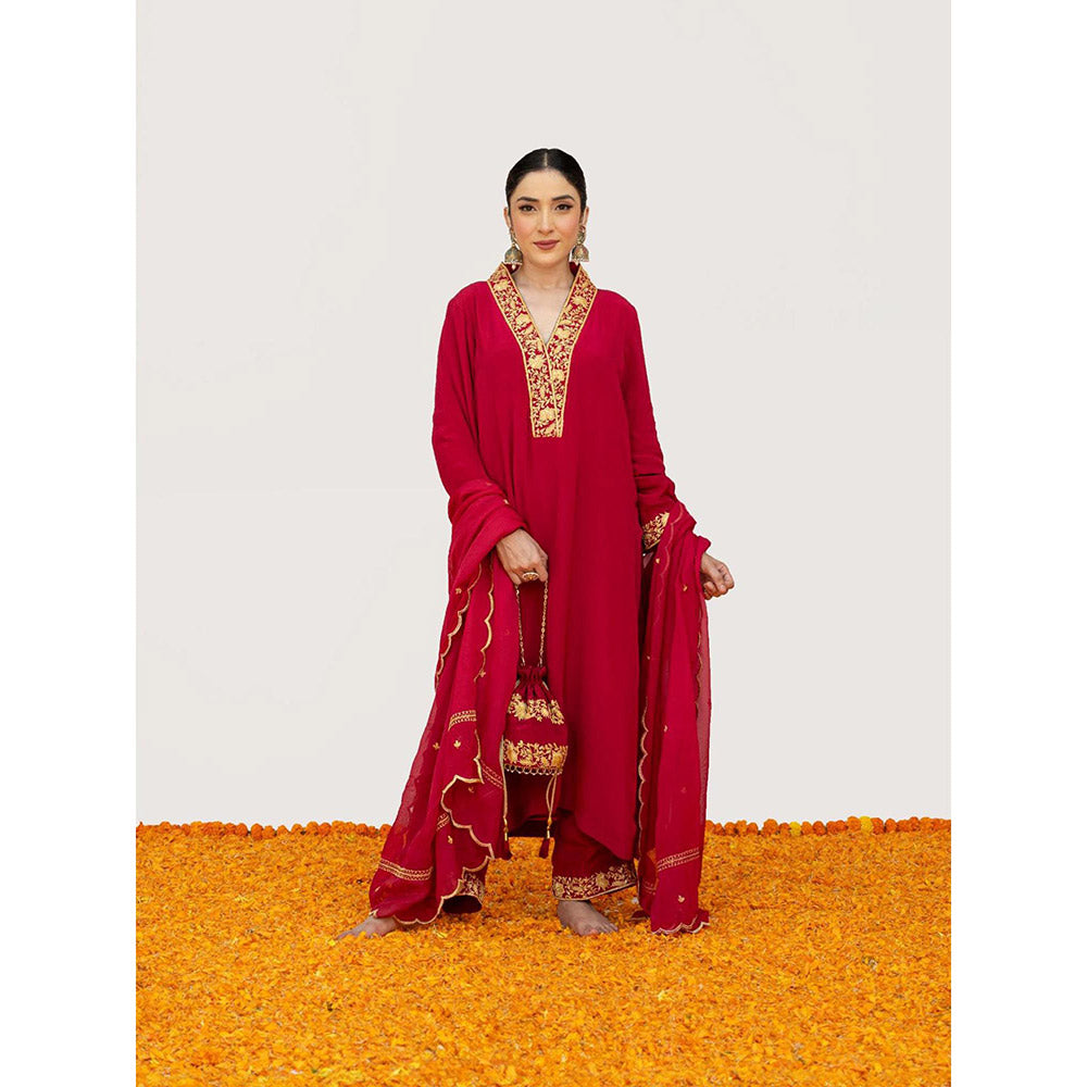 Daljit Sudan Cherry Red Crepe Tilla Kurta with Pant, Dupatta and Potli (Set of 4)