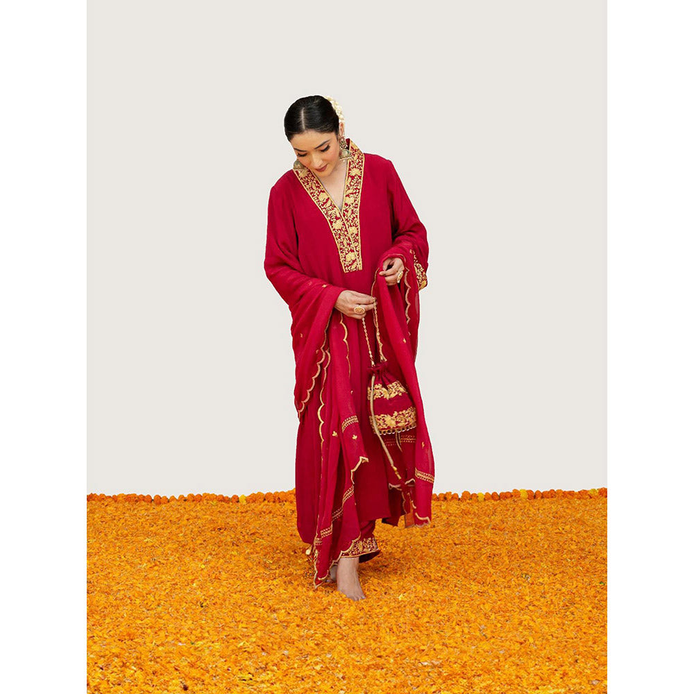 Daljit Sudan Cherry Red Crepe Tilla Kurta with Pant, Dupatta and Potli (Set of 4)
