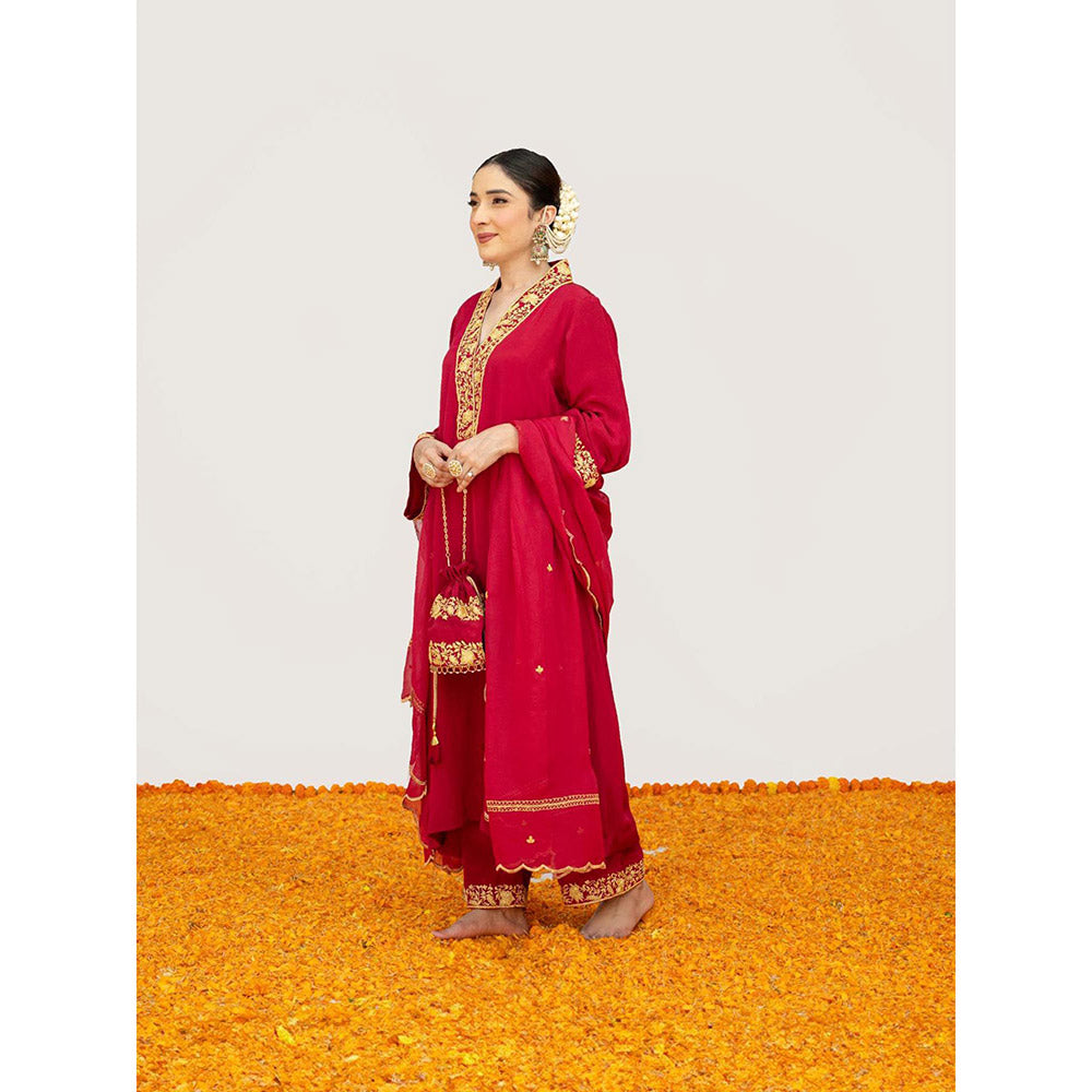 Daljit Sudan Cherry Red Crepe Tilla Kurta with Pant, Dupatta and Potli (Set of 4)
