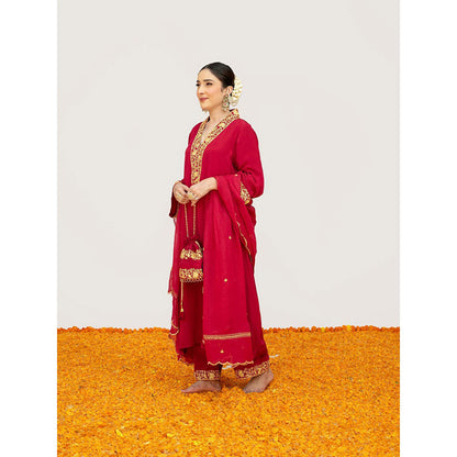Daljit Sudan Cherry Red Crepe Tilla Kurta with Pant, Dupatta and Potli (Set of 4)
