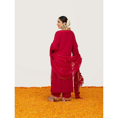 Daljit Sudan Cherry Red Crepe Tilla Kurta with Pant, Dupatta and Potli (Set of 4)