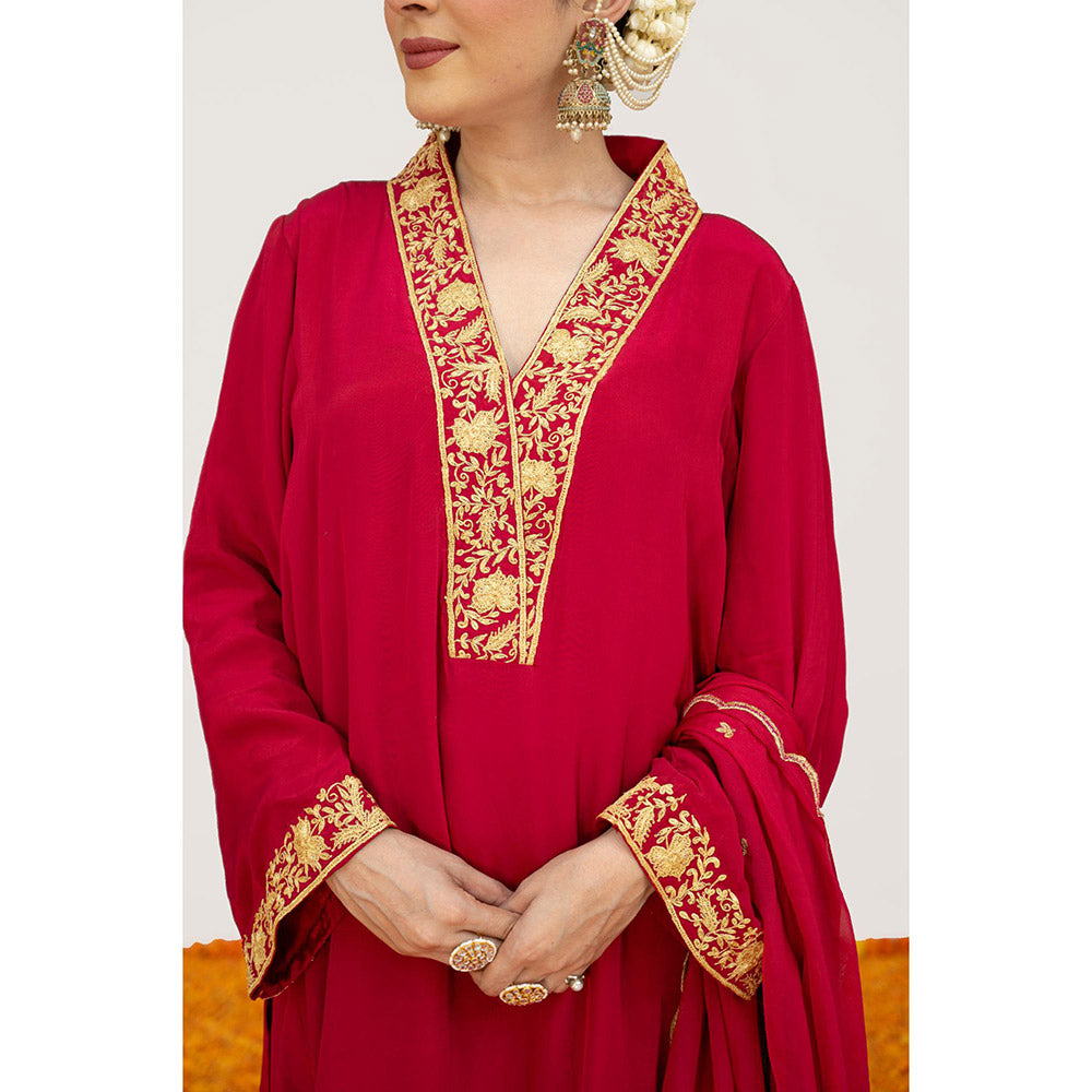 Daljit Sudan Cherry Red Crepe Tilla Kurta with Pant, Dupatta and Potli (Set of 4)