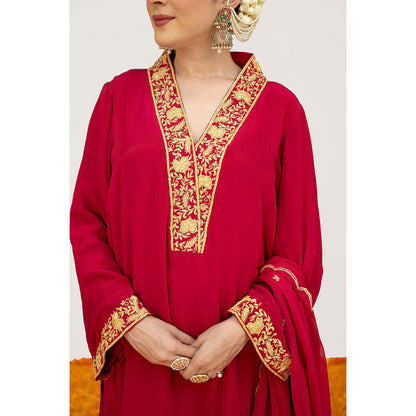 Daljit Sudan Cherry Red Crepe Tilla Kurta with Pant, Dupatta and Potli (Set of 4)