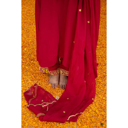 Daljit Sudan Cherry Red Crepe Tilla Kurta with Pant, Dupatta and Potli (Set of 4)