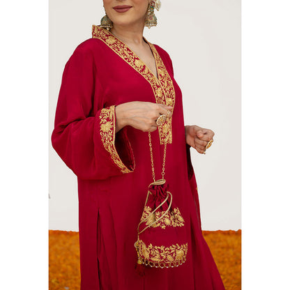 Daljit Sudan Cherry Red Crepe Tilla Kurta with Pant, Dupatta and Potli (Set of 4)