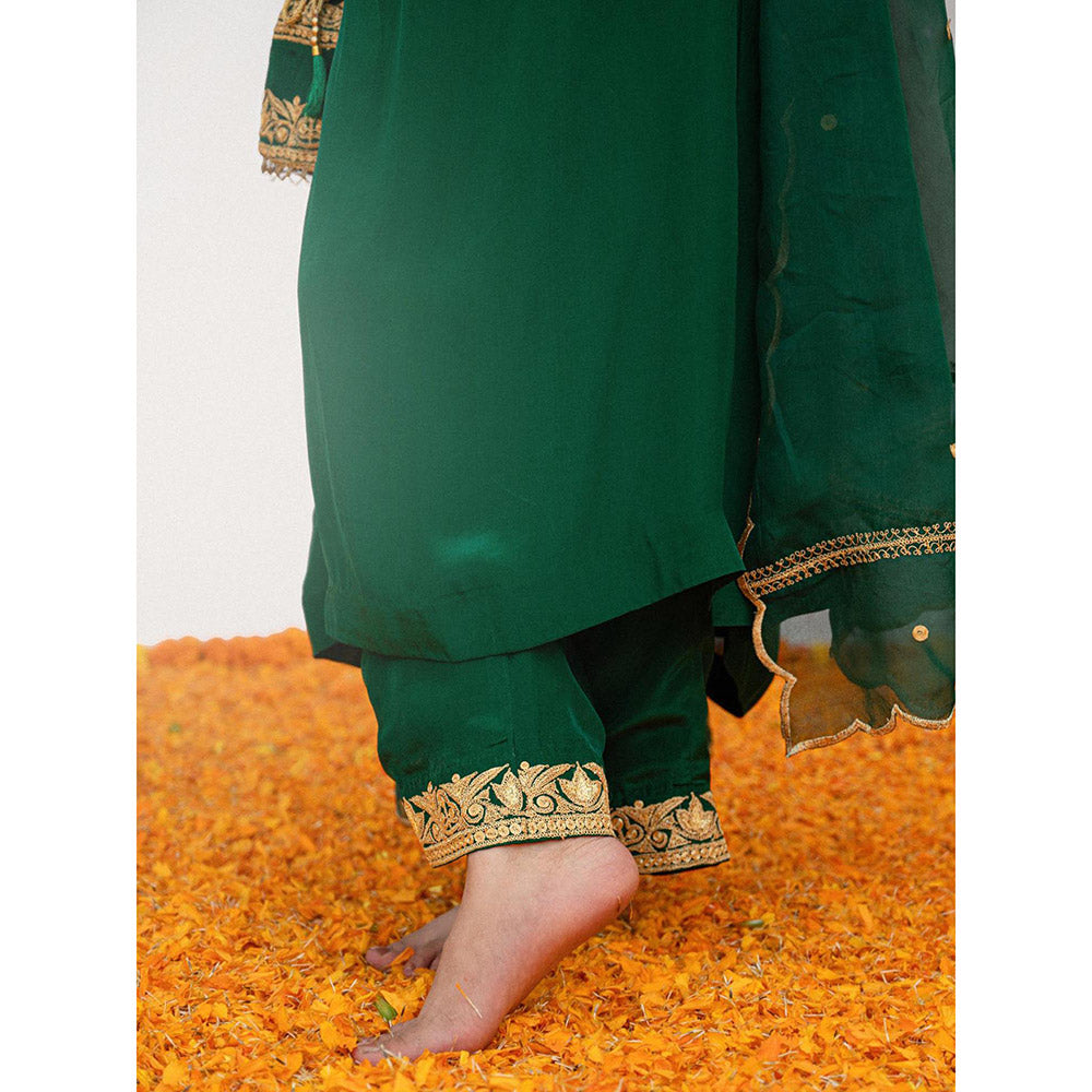 Daljit Sudan Emerald Green Crepe Tilla Kurta with Pant, Dupatta and Potli (Set of 4)