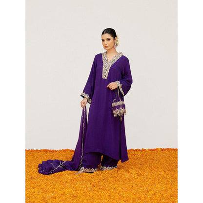 Daljit Sudan Dark Purple Crepe Tilla Kurta with Pant, Dupatta and Potli (Set of 4)