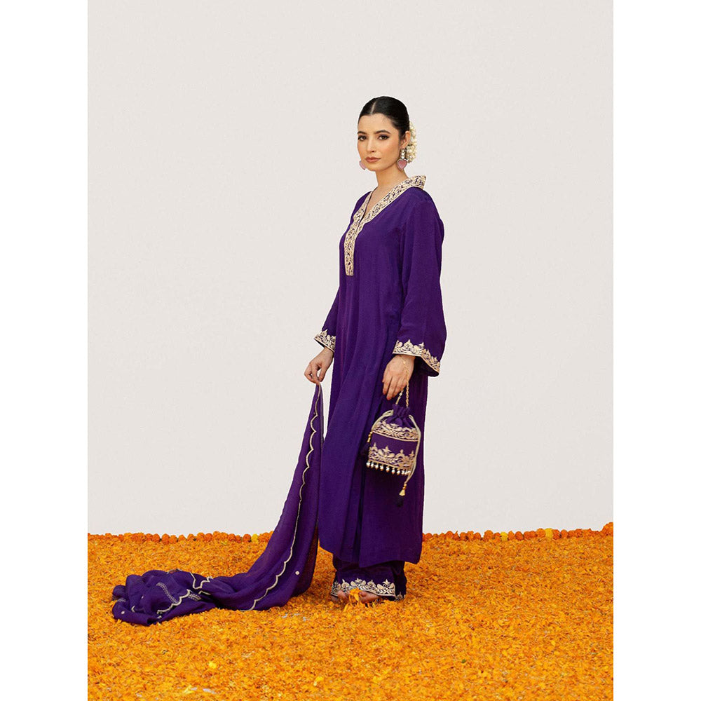 Daljit Sudan Dark Purple Crepe Tilla Kurta with Pant, Dupatta and Potli (Set of 4)