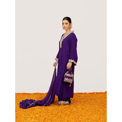 Daljit Sudan Dark Purple Crepe Tilla Kurta with Pant, Dupatta and Potli (Set of 4)