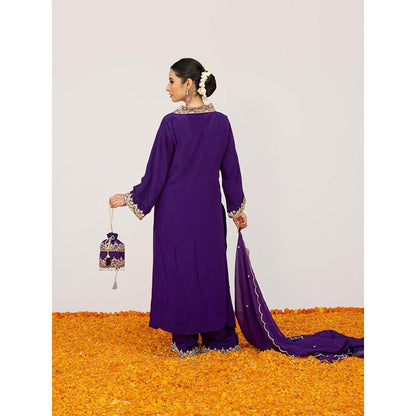 Daljit Sudan Dark Purple Crepe Tilla Kurta with Pant, Dupatta and Potli (Set of 4)