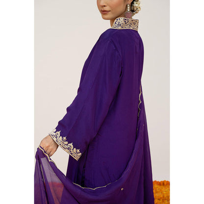 Daljit Sudan Dark Purple Crepe Tilla Kurta with Pant, Dupatta and Potli (Set of 4)