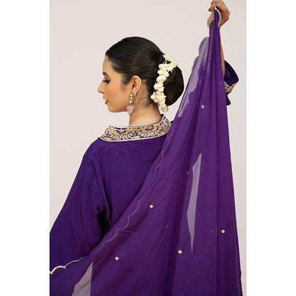 Daljit Sudan Dark Purple Crepe Tilla Kurta with Pant, Dupatta and Potli (Set of 4)
