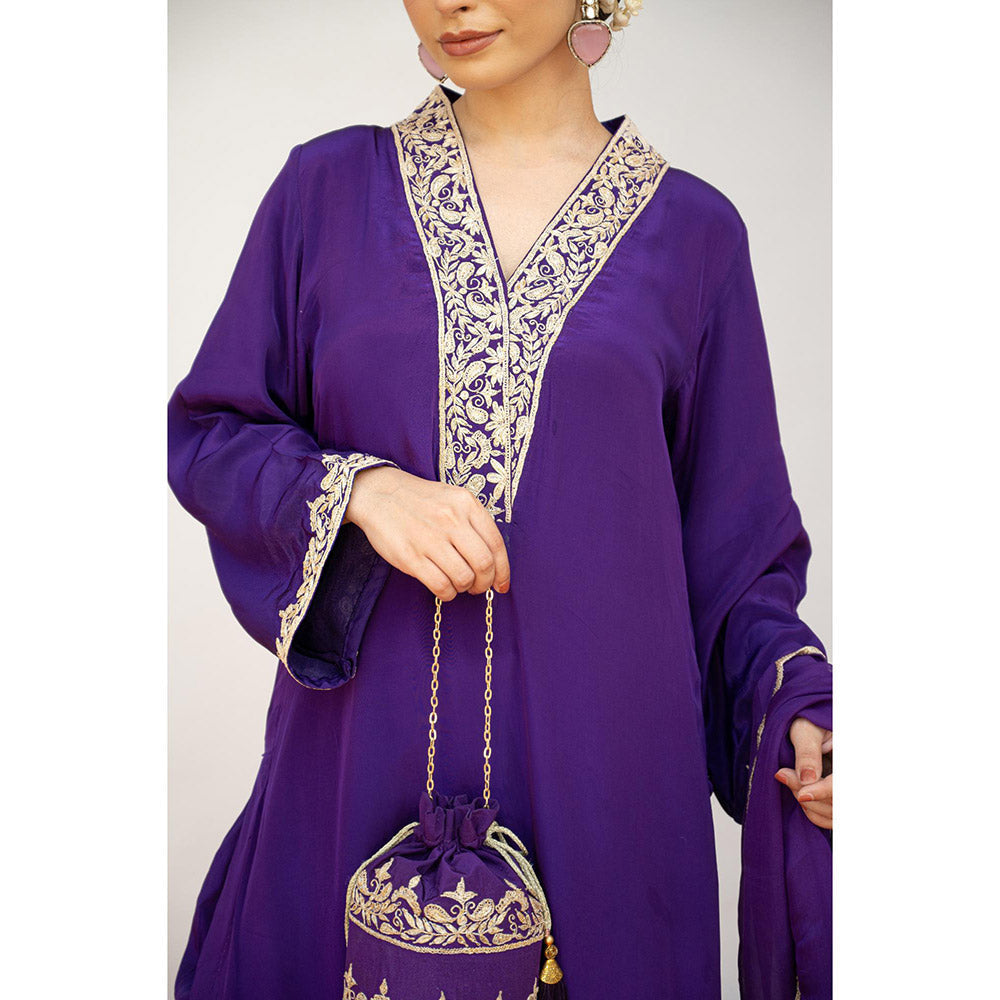 Daljit Sudan Dark Purple Crepe Tilla Kurta with Pant, Dupatta and Potli (Set of 4)
